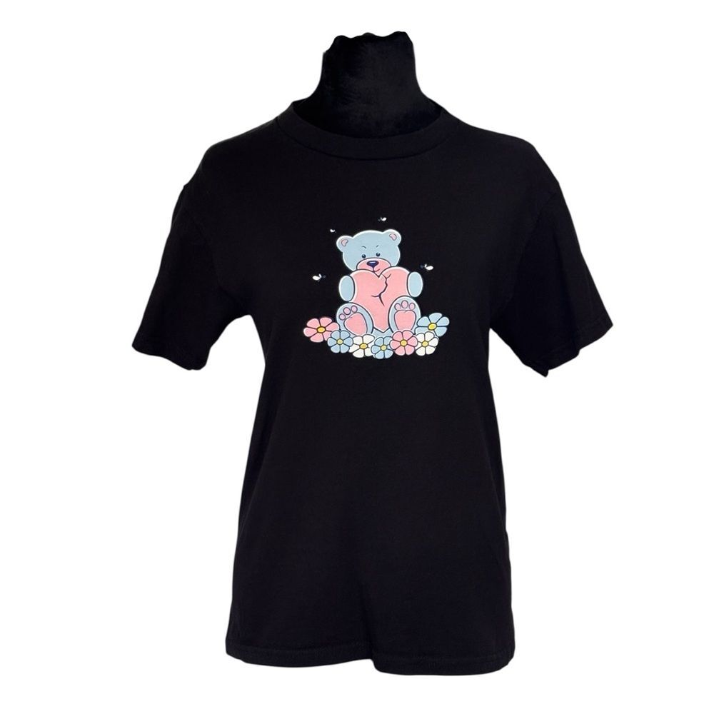 a.lab Women’s Black Graphic Pink Blue Teddy Bear ‘Don’t Play With Me’ T-Shirt S
